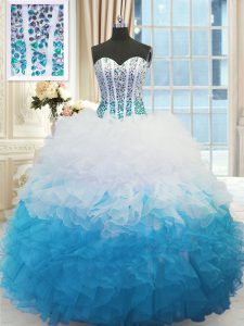 Top Selling Beading and Ruffles Quince Ball Gowns Blue And White Lace Up Sleeveless Floor Length