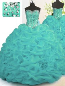 Modern Turquoise Sleeveless Organza Brush Train Lace Up Quinceanera Dresses for Military Ball and Sweet 16 and Quinceane