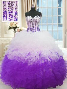 Suitable Sleeveless Organza Floor Length Lace Up Ball Gown Prom Dress in White And Purple with Beading and Ruffles