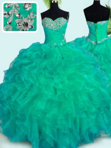 Organza Sweetheart Sleeveless Lace Up Beading and Ruffles Sweet 16 Quinceanera Dress in Turquoise