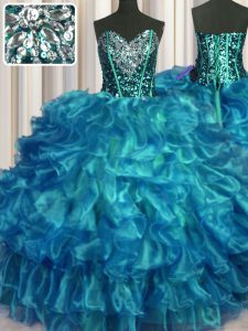 Ball Gowns Sweet 16 Quinceanera Dress Teal Sweetheart Organza Sleeveless Floor Length Lace Up