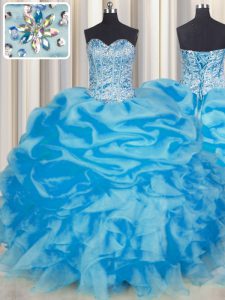 Enchanting Floor Length Lace Up Quinceanera Gowns Blue for Military Ball and Sweet 16 and Quinceanera with Beading and R