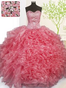 Pick Ups Rose Pink Sleeveless Organza Lace Up Quinceanera Gowns for Military Ball and Sweet 16 and Quinceanera