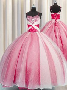 Sequins Ball Gowns 15th Birthday Dress Coral Red Spaghetti Straps Organza Sleeveless Floor Length Lace Up