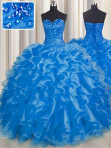 Ball Gowns Quinceanera Gown Blue Sweetheart Organza Sleeveless Floor Length Lace Up