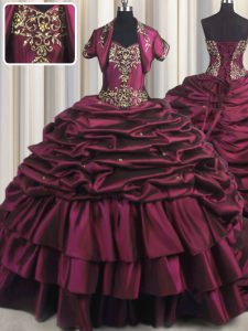 New Style Burgundy Ball Gown Prom Dress Military Ball and Sweet 16 and Quinceanera and For with Beading and Appliques an