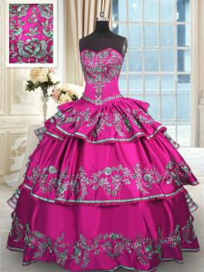 Floor Length Lace Up Quinceanera Gown Fuchsia for Military Ball and Sweet 16 and Quinceanera with Embroidery and Ruffled