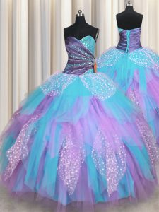 Beading and Ruching Sweet 16 Quinceanera Dress Multi-color Lace Up Sleeveless Floor Length
