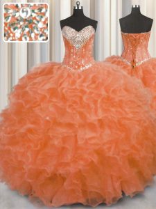 Colorful Orange Red Lace Up Quinceanera Dresses Beading and Ruffles Sleeveless Floor Length