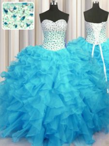Best Selling Baby Blue Lace Up Sweet 16 Quinceanera Dress Beading and Ruffles Sleeveless Floor Length