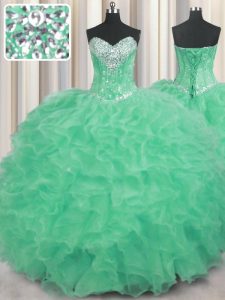 Sexy Apple Green Ball Gowns Beading and Ruffles Ball Gown Prom Dress Lace Up Organza Sleeveless Floor Length