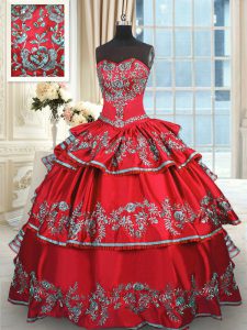 Top Selling Red Lace Up Sweetheart Embroidery and Ruffled Layers Quinceanera Gowns Taffeta Sleeveless