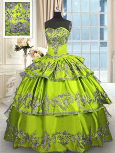 Fashionable Yellow Green Ball Gowns Sweetheart Sleeveless Taffeta Floor Length Lace Up Embroidery and Ruffled Layers Qui