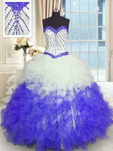 High End Floor Length Ball Gowns Sleeveless Blue And White Sweet 16 Dress Lace Up