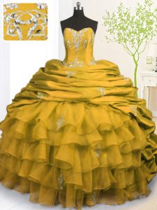 Spectacular Pick Ups Ruffled Brush Train Ball Gowns 15 Quinceanera Dress Gold Strapless Organza and Taffeta Sleeveless W