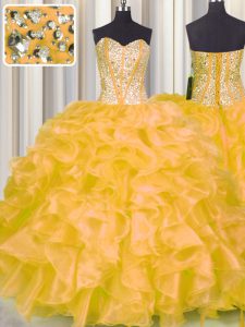 Floor Length Gold Quince Ball Gowns Sweetheart Sleeveless Lace Up
