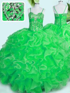 Suitable Sleeveless Floor Length Beading and Ruffles Lace Up Ball Gown Prom Dress with Green