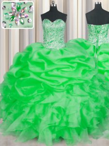 Green Lace Up Quince Ball Gowns Beading and Ruffles Sleeveless Floor Length