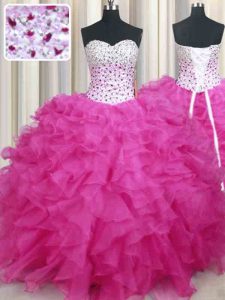 Comfortable Halter Top Sleeveless Organza Floor Length Lace Up 15th Birthday Dress in Hot Pink with Beading and Ruffles