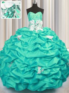Taffeta Sweetheart Sleeveless Brush Train Lace Up Appliques and Sequins and Pick Ups Ball Gown Prom Dress in Turquoise