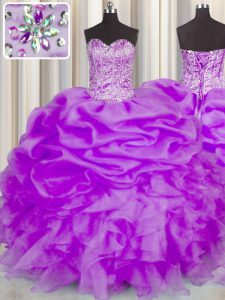 Purple Organza Lace Up 15 Quinceanera Dress Sleeveless Floor Length Beading and Ruffles and Pick Ups