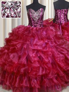 Hot Pink Ball Gowns Sweetheart Sleeveless Organza Floor Length Lace Up Beading and Ruffles Quinceanera Dress