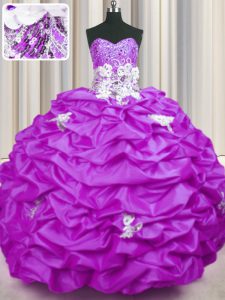With Train Lilac 15th Birthday Dress Taffeta Brush Train Sleeveless Appliques and Sequins and Pick Ups