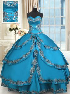 Super Sweetheart Sleeveless Ball Gown Prom Dress Floor Length Beading and Embroidery and Ruffled Layers Blue Taffeta