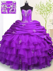 Sumptuous Sleeveless With Train Beading and Appliques and Ruffled Layers and Pick Ups Lace Up Quinceanera Dress with Pur