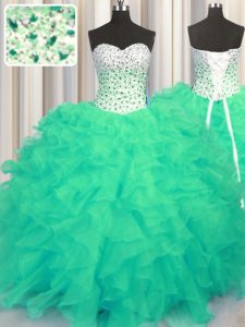 Turquoise Ball Gowns Sweetheart Sleeveless Organza Floor Length Lace Up Beading and Ruffles 15th Birthday Dress