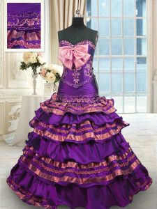Purple Sweetheart Lace Up Appliques and Ruffled Layers and Bowknot Sweet 16 Dresses Brush Train Sleeveless