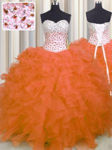 Sleeveless Floor Length Beading and Ruffles Lace Up Quinceanera Dresses with Orange Red
