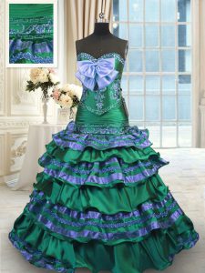 Beautiful Dark Green A-line Taffeta Sweetheart Sleeveless Appliques and Embroidery and Ruffled Layers and Bowknot Lace U