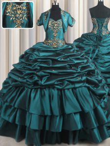 New Style Teal Lace Up Quince Ball Gowns Beading and Appliques and Pick Ups Sleeveless With Brush Train