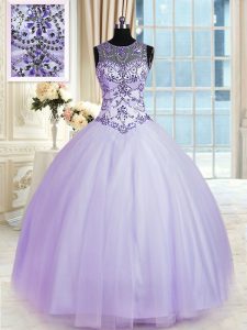 Fashion Scoop Lavender Ball Gowns Beading Vestidos de Quinceanera Lace Up Tulle Sleeveless Floor Length