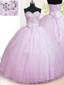 Lilac Tulle Lace Up Quinceanera Dresses Sleeveless Floor Length Beading and Appliques