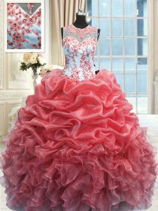 High Class Scoop Watermelon Red Sleeveless Organza Zipper Sweet 16 Dress for Military Ball and Sweet 16 and Quinceanera