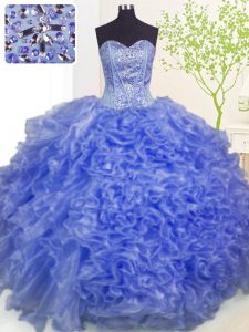 Luxurious Blue Ball Gowns Organza Sweetheart Sleeveless Beading and Ruffles and Pick Ups Floor Length Lace Up Sweet 16 D