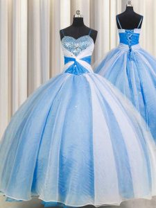 Inexpensive Sequins Floor Length Baby Blue Quince Ball Gowns Spaghetti Straps Sleeveless Lace Up
