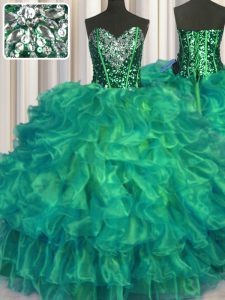 Floor Length Turquoise Quinceanera Dress Sweetheart Sleeveless Lace Up