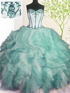 Green Ball Gowns Organza Sweetheart Sleeveless Beading and Ruffles Floor Length Lace Up Quinceanera Dresses
