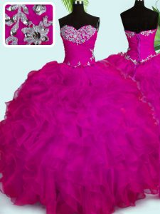 Beading and Ruffles 15th Birthday Dress Fuchsia Lace Up Sleeveless Floor Length