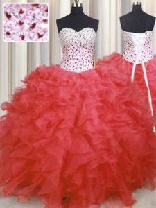 Exquisite Sweetheart Sleeveless Lace Up Sweet 16 Dress Watermelon Red Organza