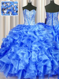 Blue Ball Gowns Organza Sweetheart Sleeveless Beading and Ruffles Floor Length Lace Up 15th Birthday Dress