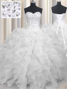 White Sleeveless Beading and Ruffles Floor Length Quinceanera Gown