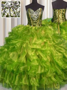 Spectacular Sleeveless Floor Length Beading and Ruffles Lace Up Quinceanera Dress with Olive Green