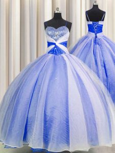 Sequins Spaghetti Straps Sleeveless Lace Up 15th Birthday Dress Blue And White Organza