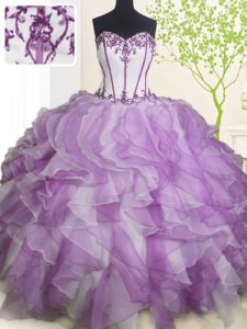 White And Purple Ball Gowns Sweetheart Sleeveless Organza Floor Length Lace Up Beading and Ruffles Quinceanera Dresses