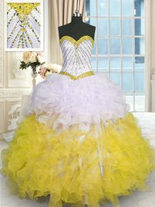 Yellow And White Sweetheart Lace Up Beading and Ruffles Sweet 16 Dresses Sleeveless