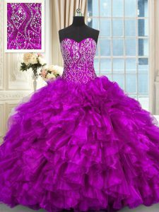 Purple Sleeveless Organza Brush Train Lace Up 15th Birthday Dress for Military Ball and Sweet 16 and Quinceanera